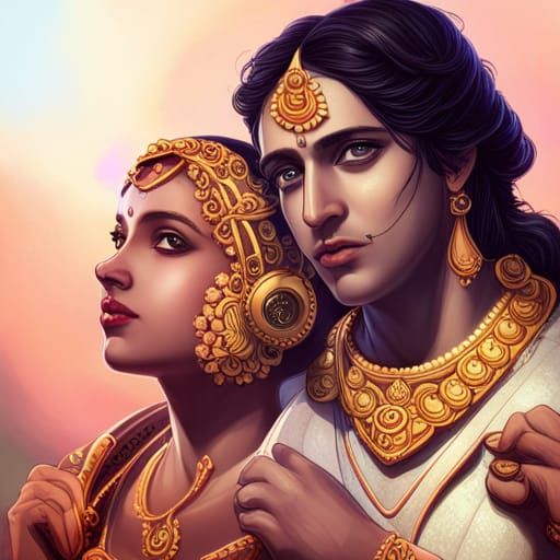 Radiant Portrait of Radha and Krishna in Art Nouveau Style