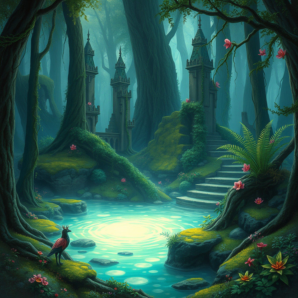 Glowing Pool in Mystical Forest Ruins