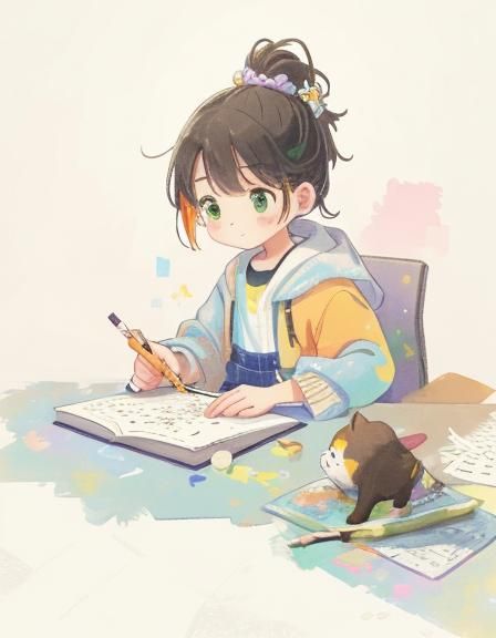 Whimsical Watercolor of Girl Writing on Page