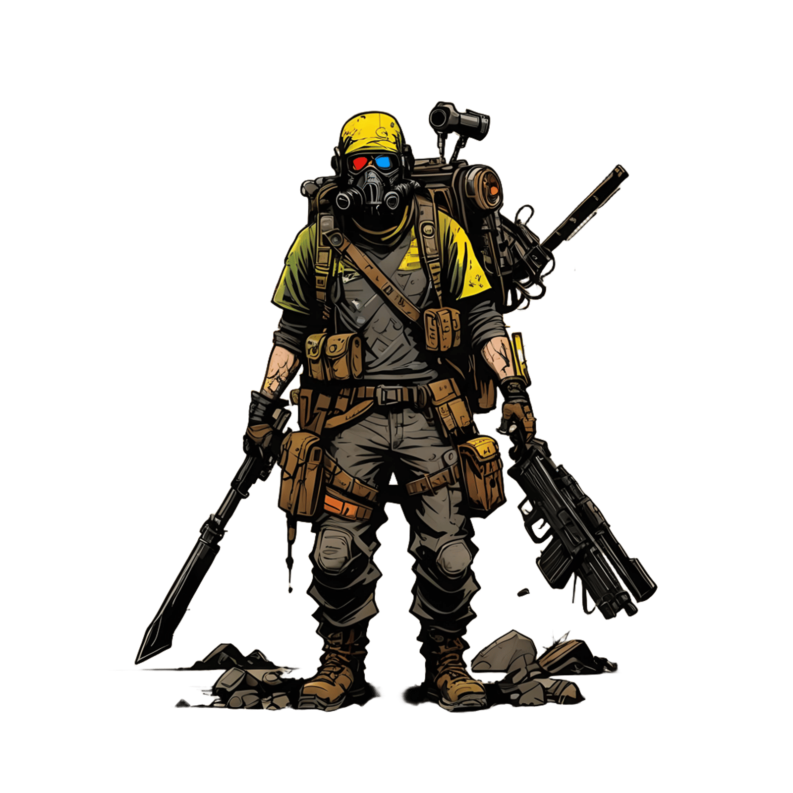 Wasteland Survivor: Colorful Post-Apocalyptic T-Shirt Design