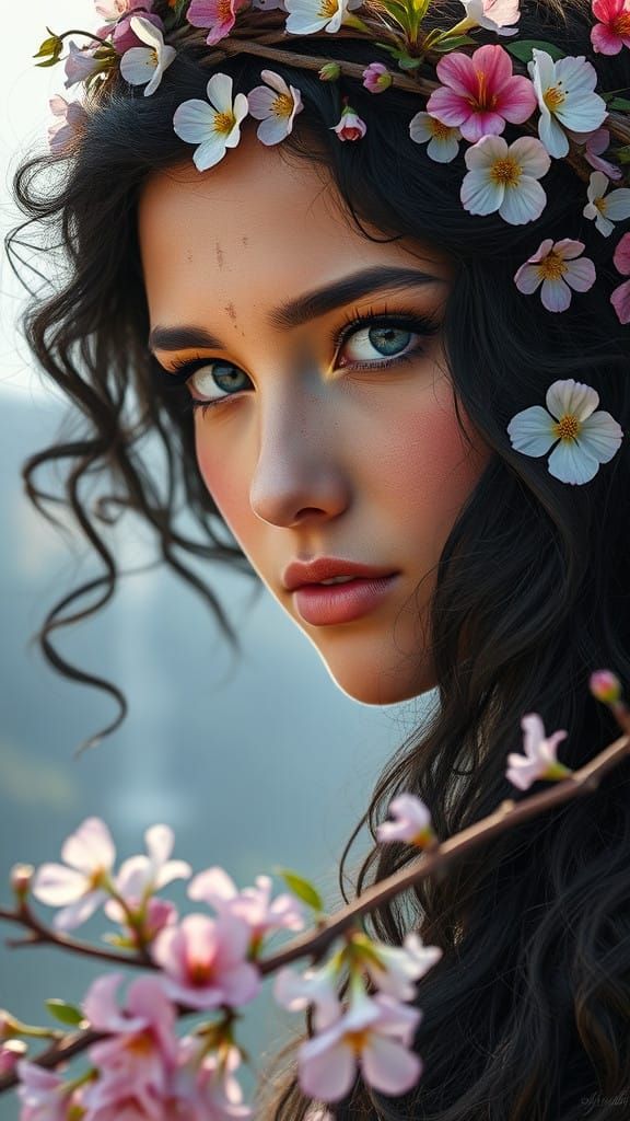 Enchanted Gypsy Woman Among Spring Blooms