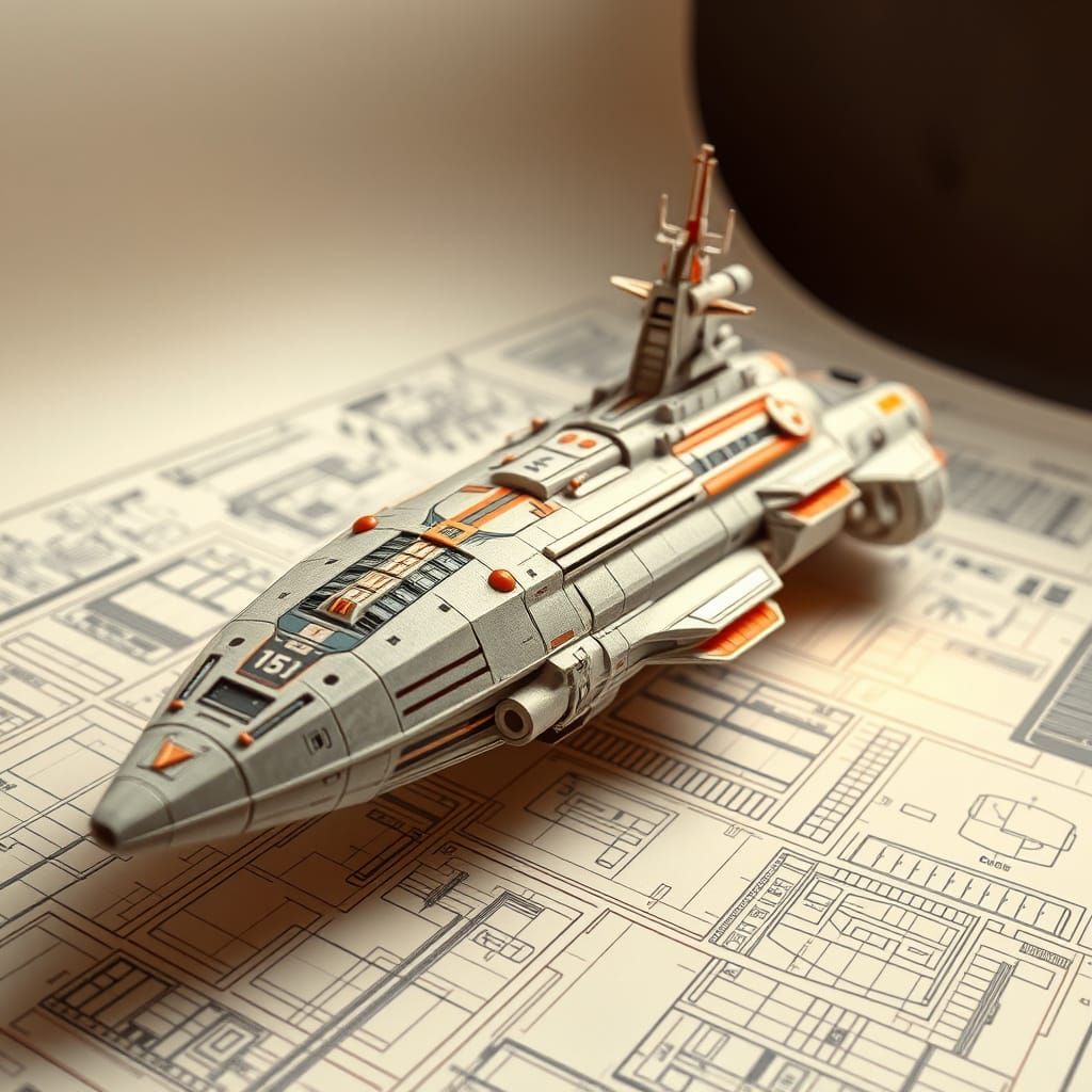 Spaceship Yamato Blueprint with Origami Elements