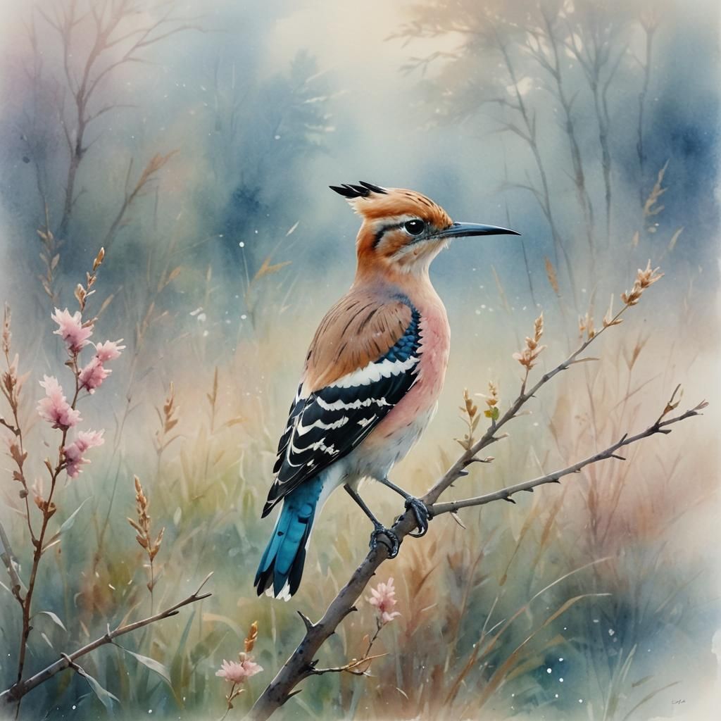 Hoopoe Bird in Misty Field Watercolor Painting