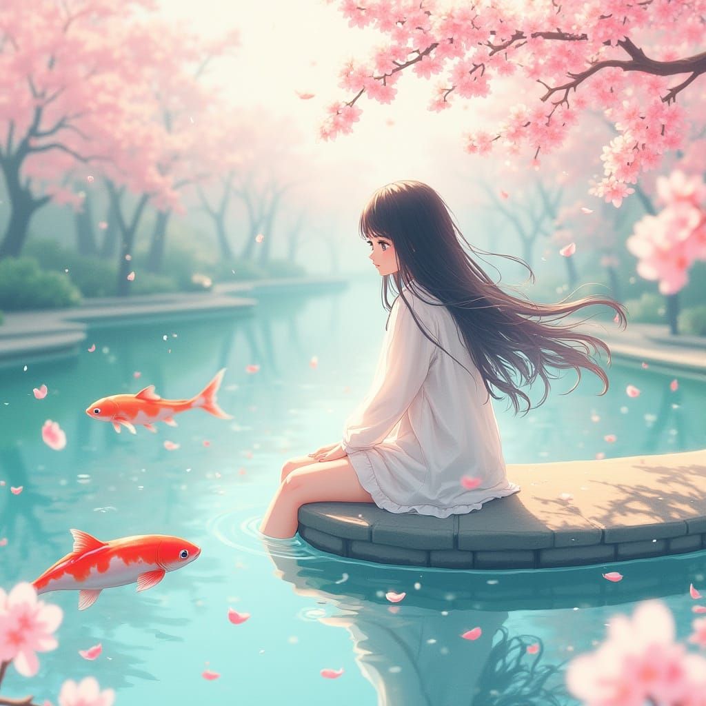 Contemplative Woman by Koi Pond in Watercolor Manga Style