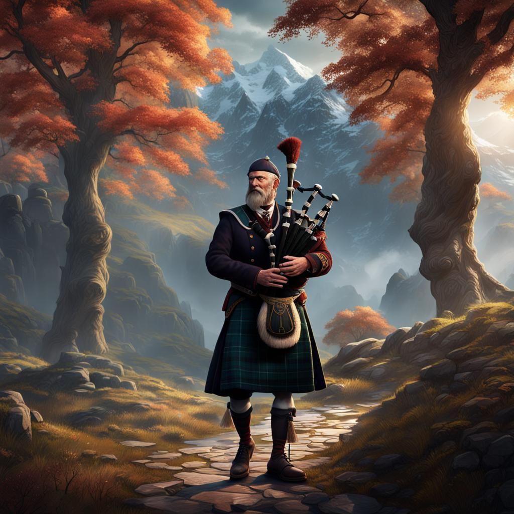 Scottish Bagpiper: Detailed Fantasy Matte Painting