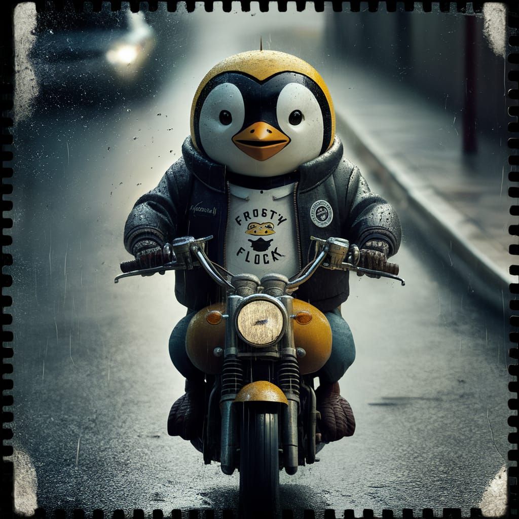 Cyberpunk Robot Riding Motorcycle in Rainy Street Scene