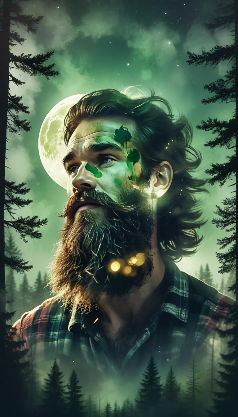 Lumberjack Double Exposure: Forest and Moon, Impressionist S...
