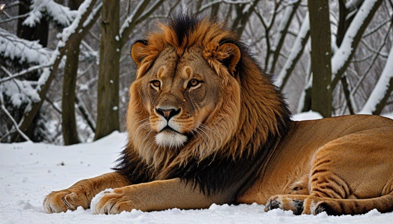 Lion in Snowy Woodland Landscape