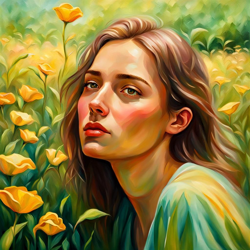 Young Person in Meadow: Vibrant Oil Painting