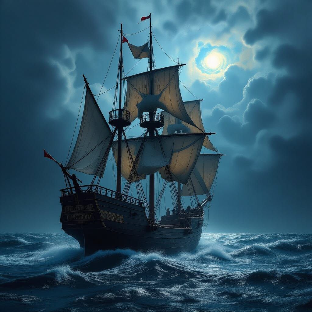 Majestic Ship on Stormy Nebula Sea