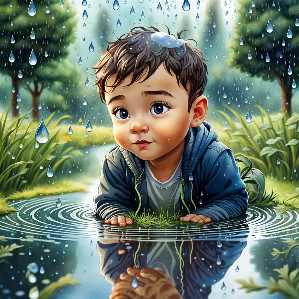 Cute Boy Plays in Puddle: Watercolor Art