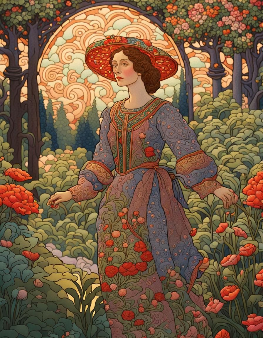 Woman in Garden, Art Nouveau Style