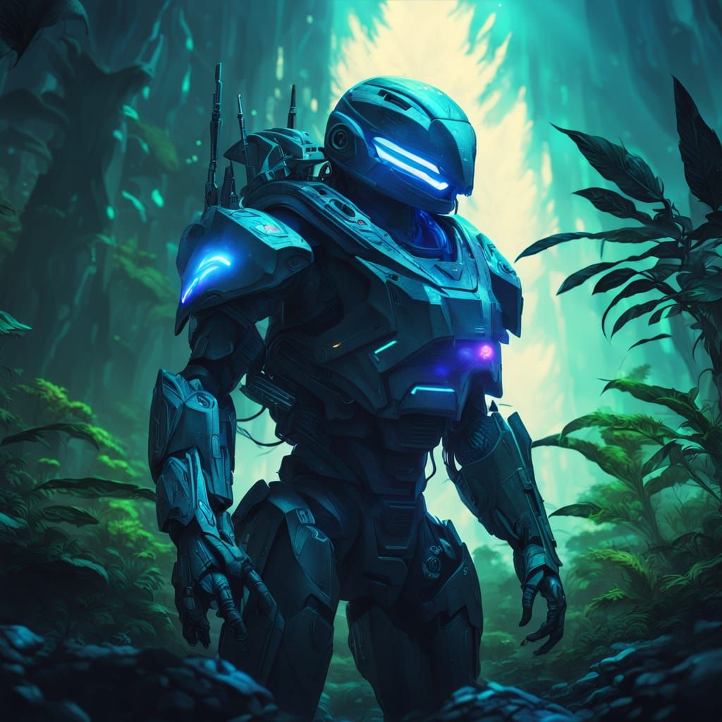 Cybernetic Lizard in a Glowing Jungle