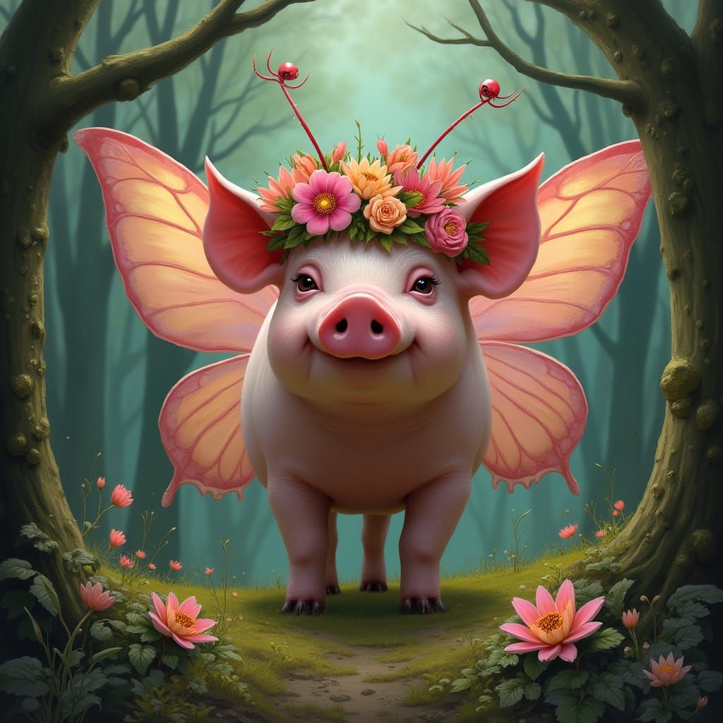Pig-Butterfly Hybrid in Whimsical Forest