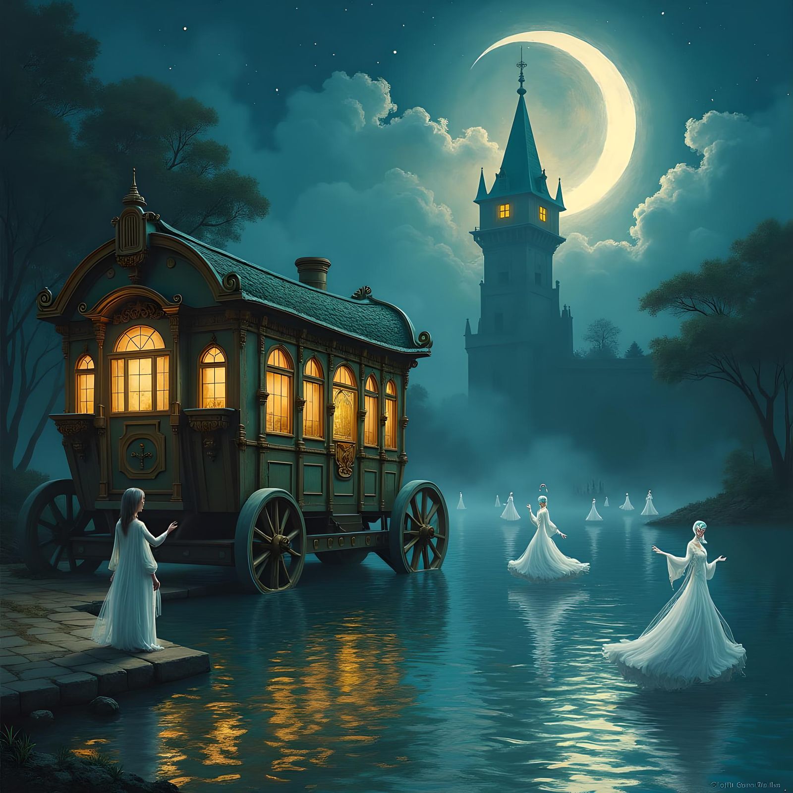 Eerie Lake Tower with Apparitions in Dreamlike Style