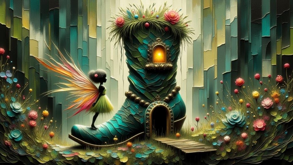 Fairy Opens Boot House Door Amidst Patchwork and Sunlight