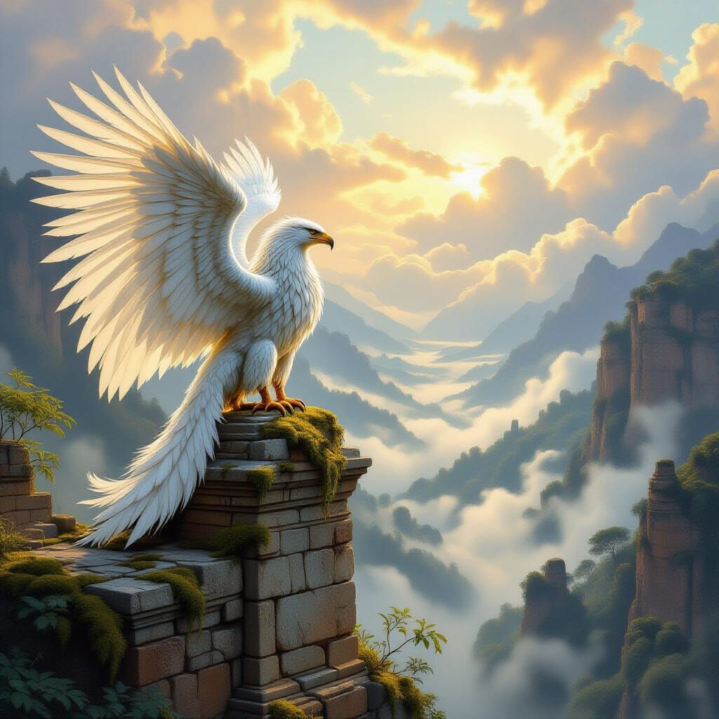 Majestic Griffin on Ruined Overlook in Sunlight