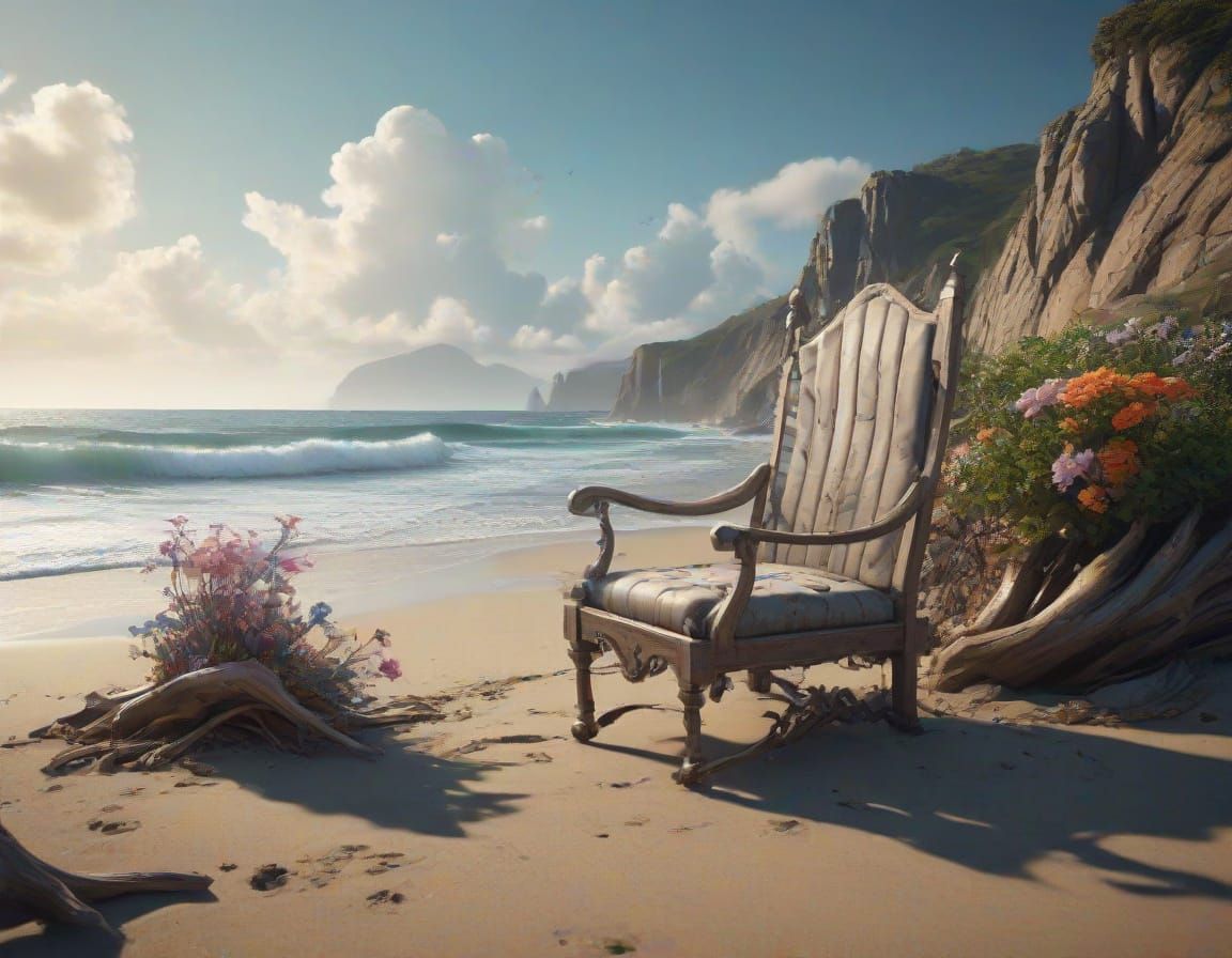 Surreal Beach Scene with Fantastical Elements in Detailed Ma...