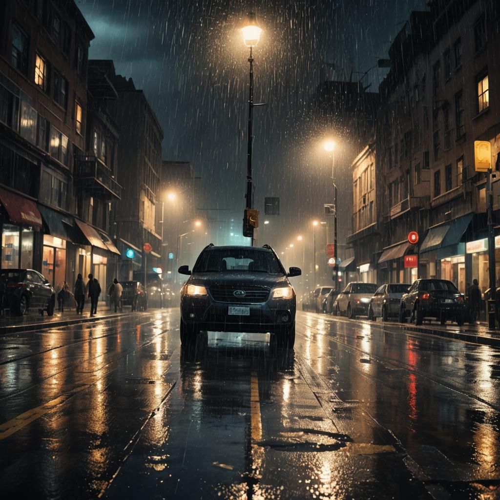 Moody Urban Night Scene with Heavy Rainfall Illuminated by S...
