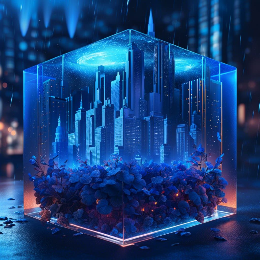 Blue Midnight City Inside Crystal Cube