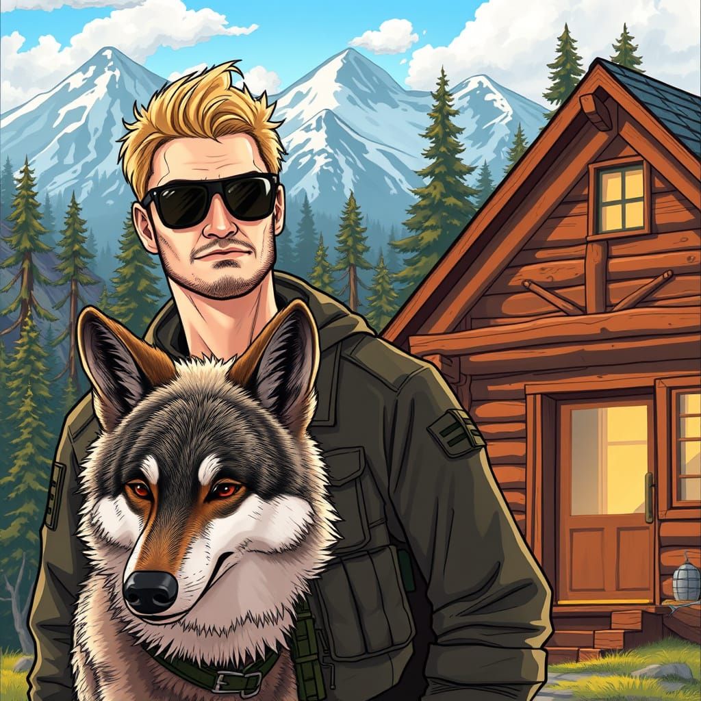 Anime Style: Man and Wolf in Alaskan Landscape