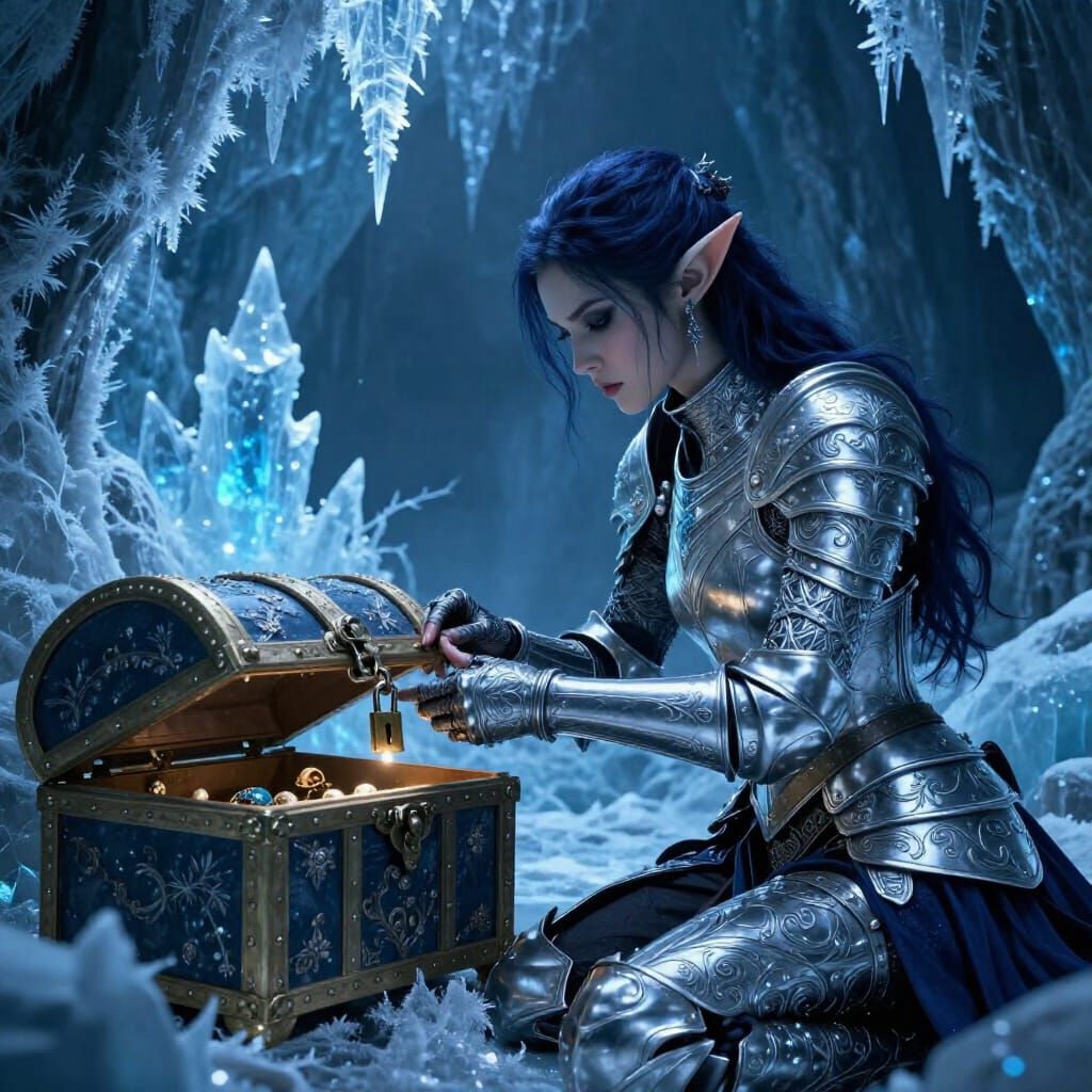 Elven Thief Picks Lock in Shimmering Ice Cavern
