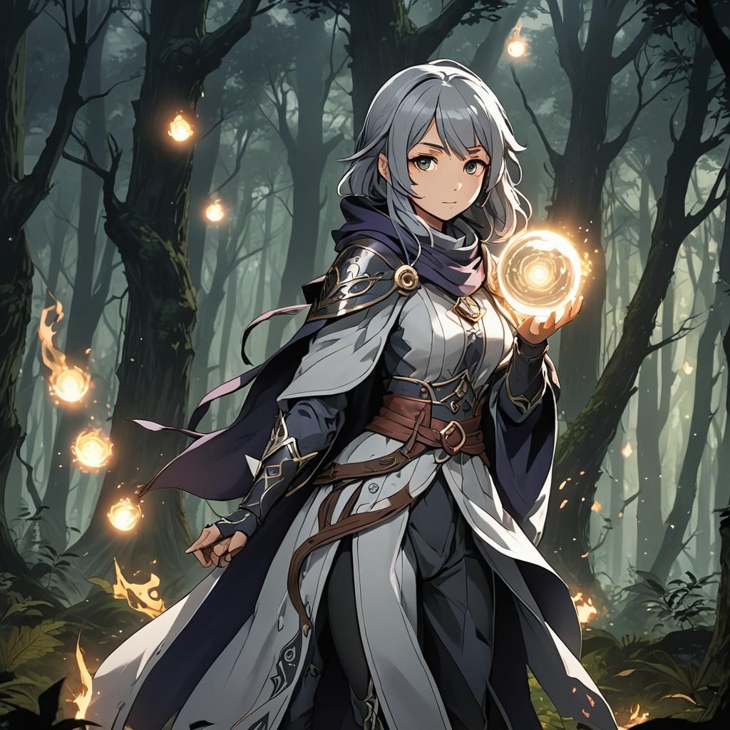 Female Mage Casting Light Spell in Dark Forest