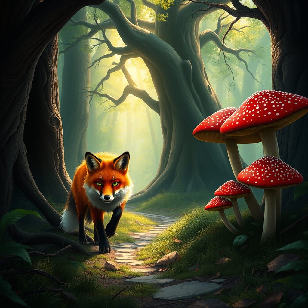 Whimsical Fox Amidst Crimson Mushrooms in Enchanted Forest
