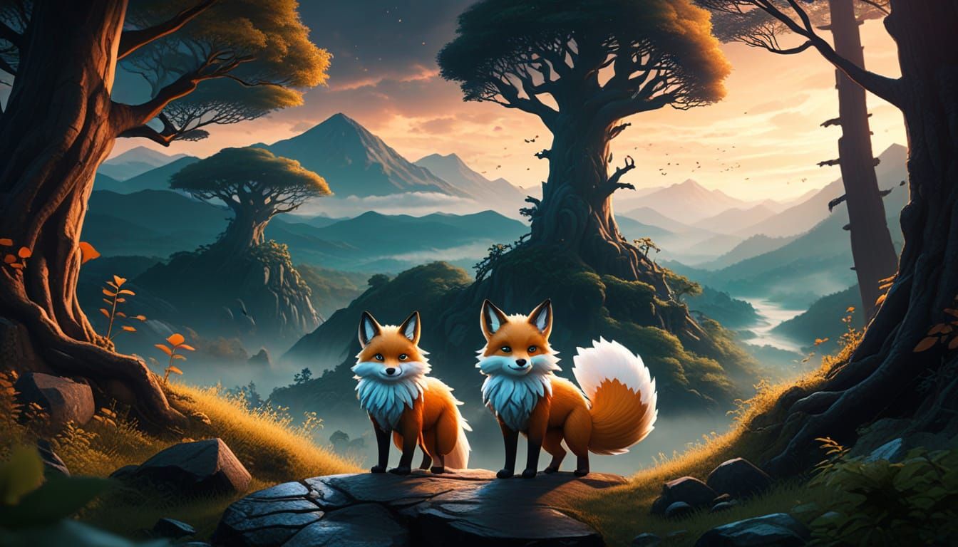 realistic  chibi wuxia nine tailed fox person in a wuxia set...