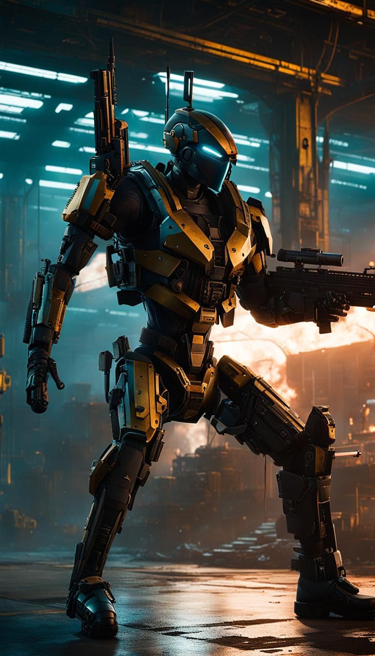 Steel Android Warrior in Industrial Setting