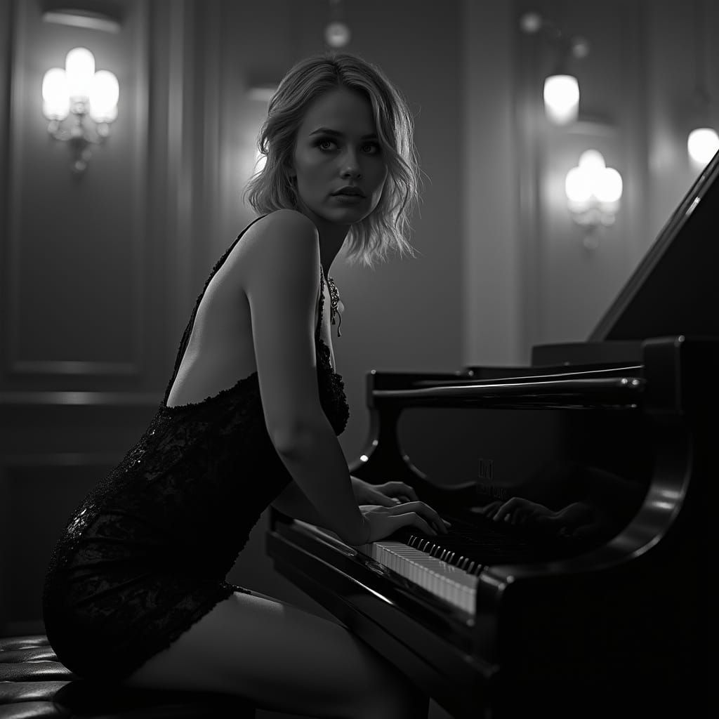 1920s Flapper Pianist in Black and White