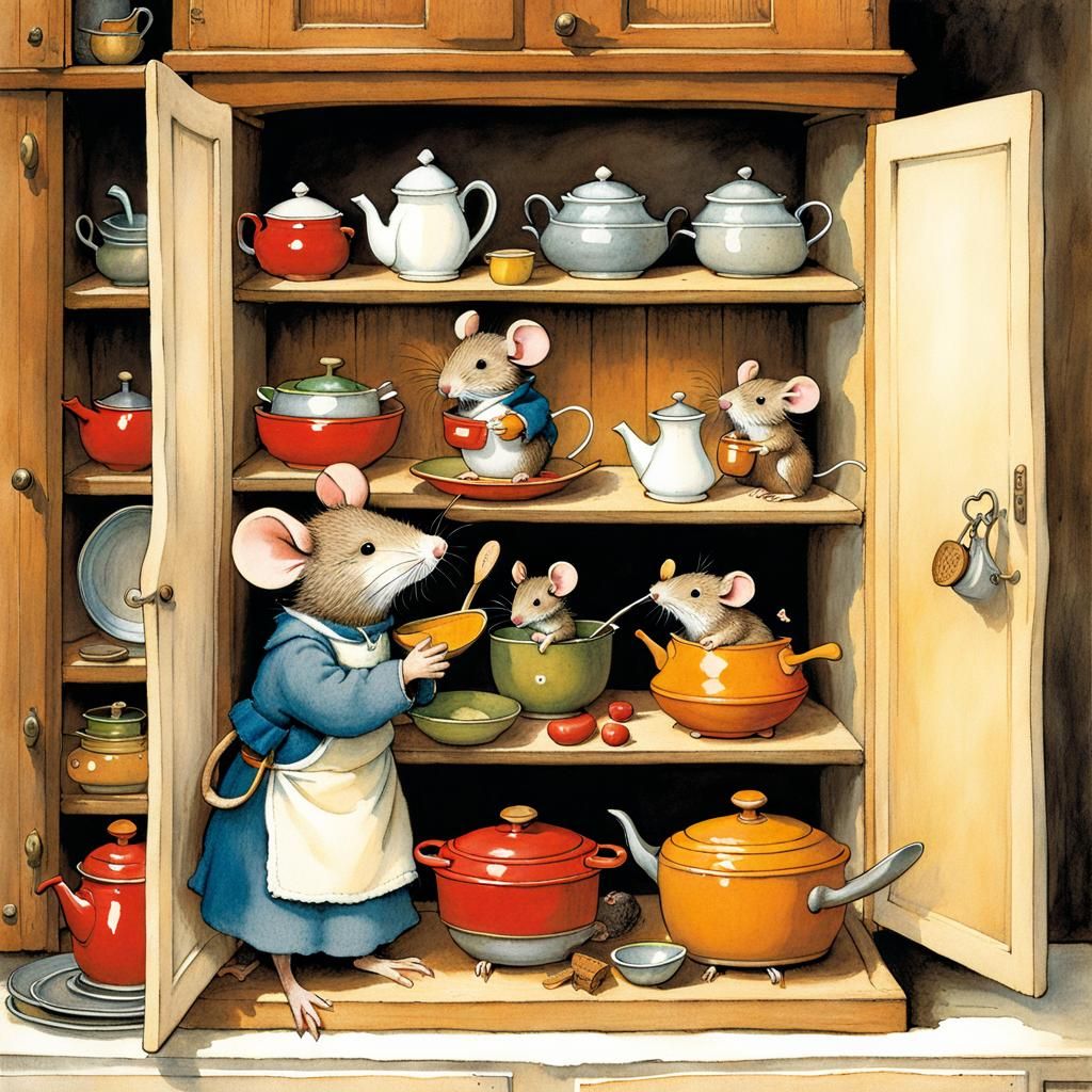 Cozy Mouse Family in Kitchen Cupboard Illustration