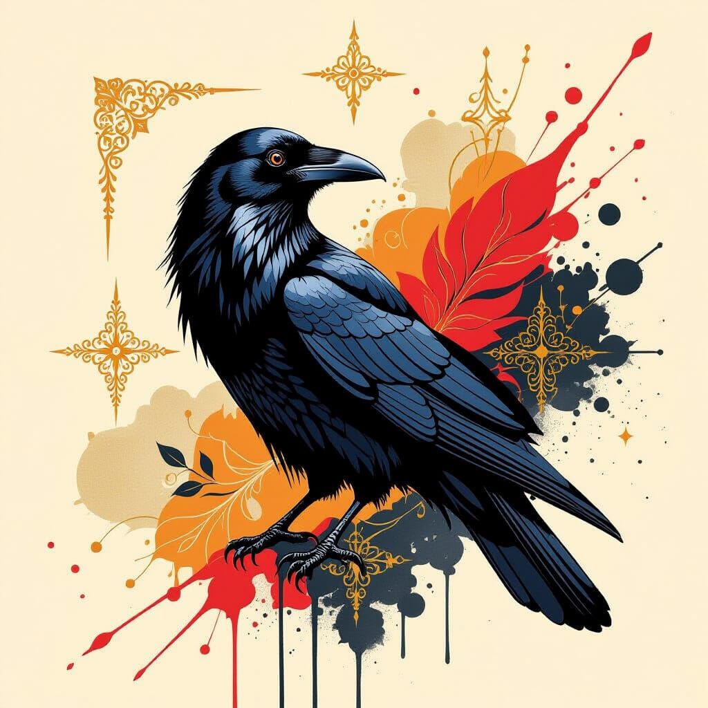 Elegant Raven with Red and Orange Accents