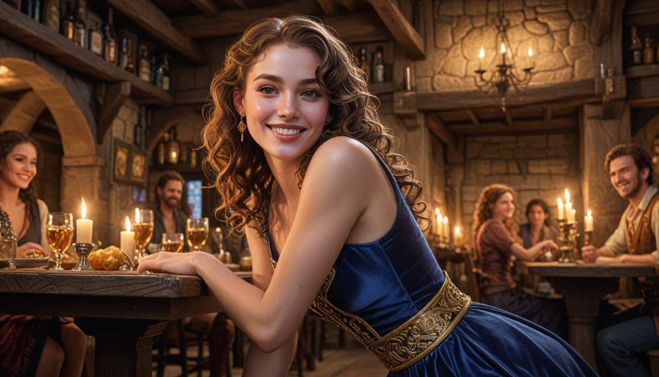 Regal Woman Shines in Medieval Tavern