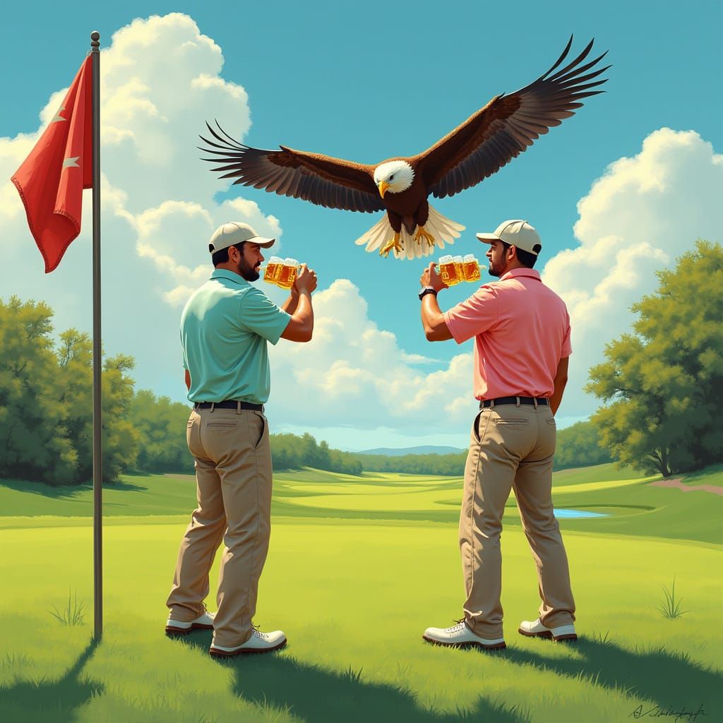 Golfers Toasting with Eagle in Digital Art