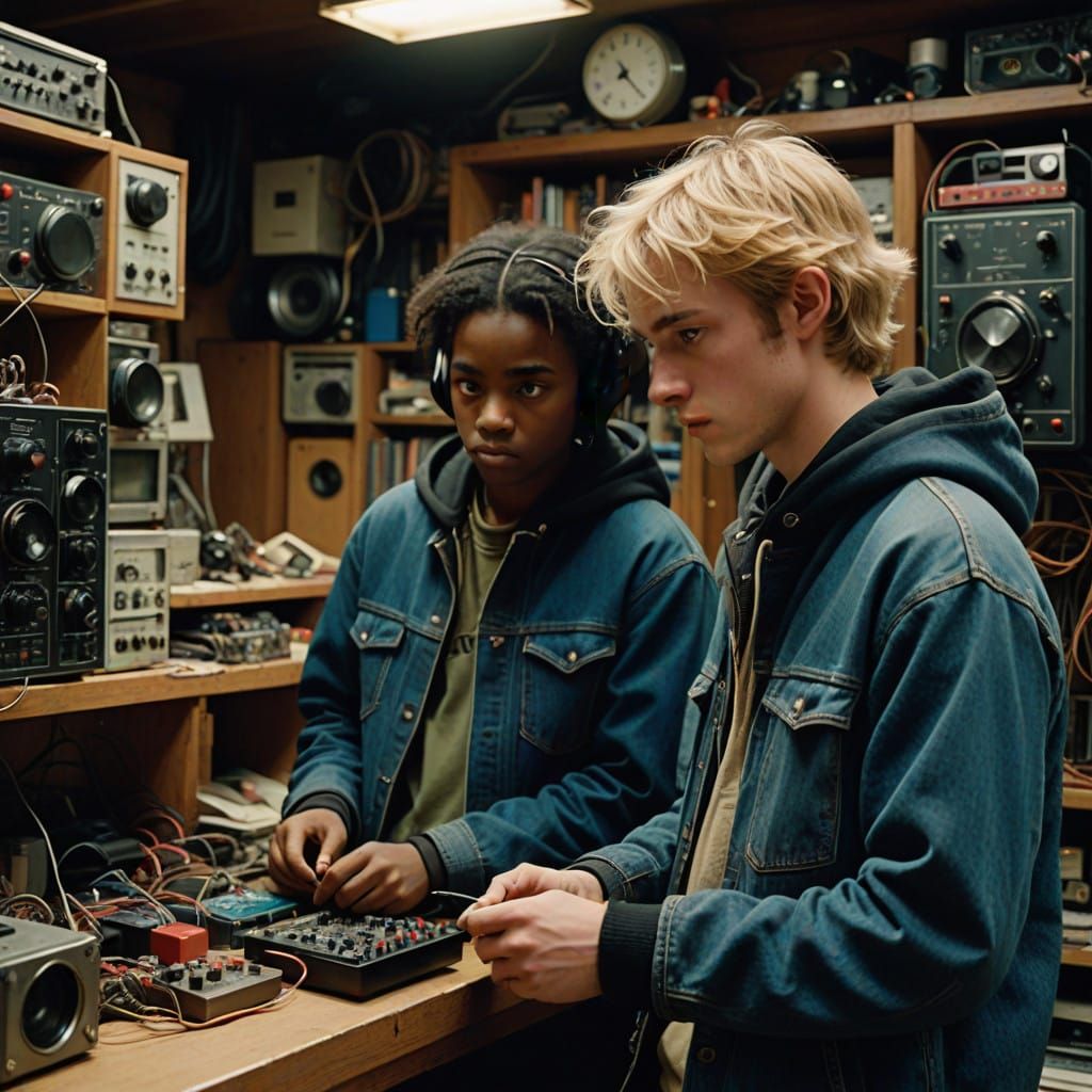 Retro Sci-Fi Teen HAM Radio Operators in a Cluttered Shack