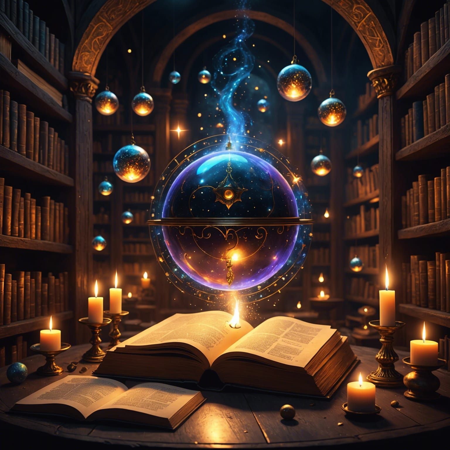 Magical Cosmic Sanctum with Levitating Orbs