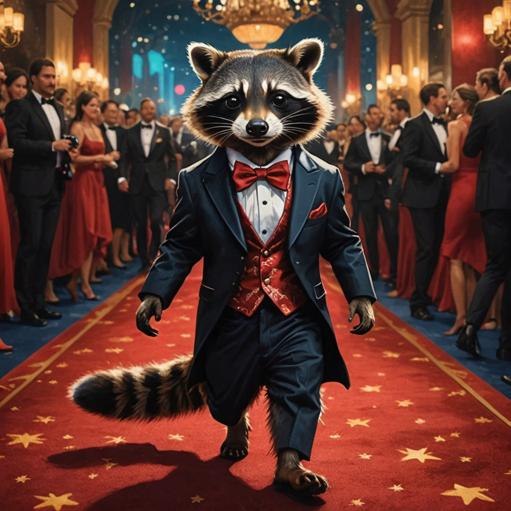 Raccoon in Tuxedo on Red Carpet