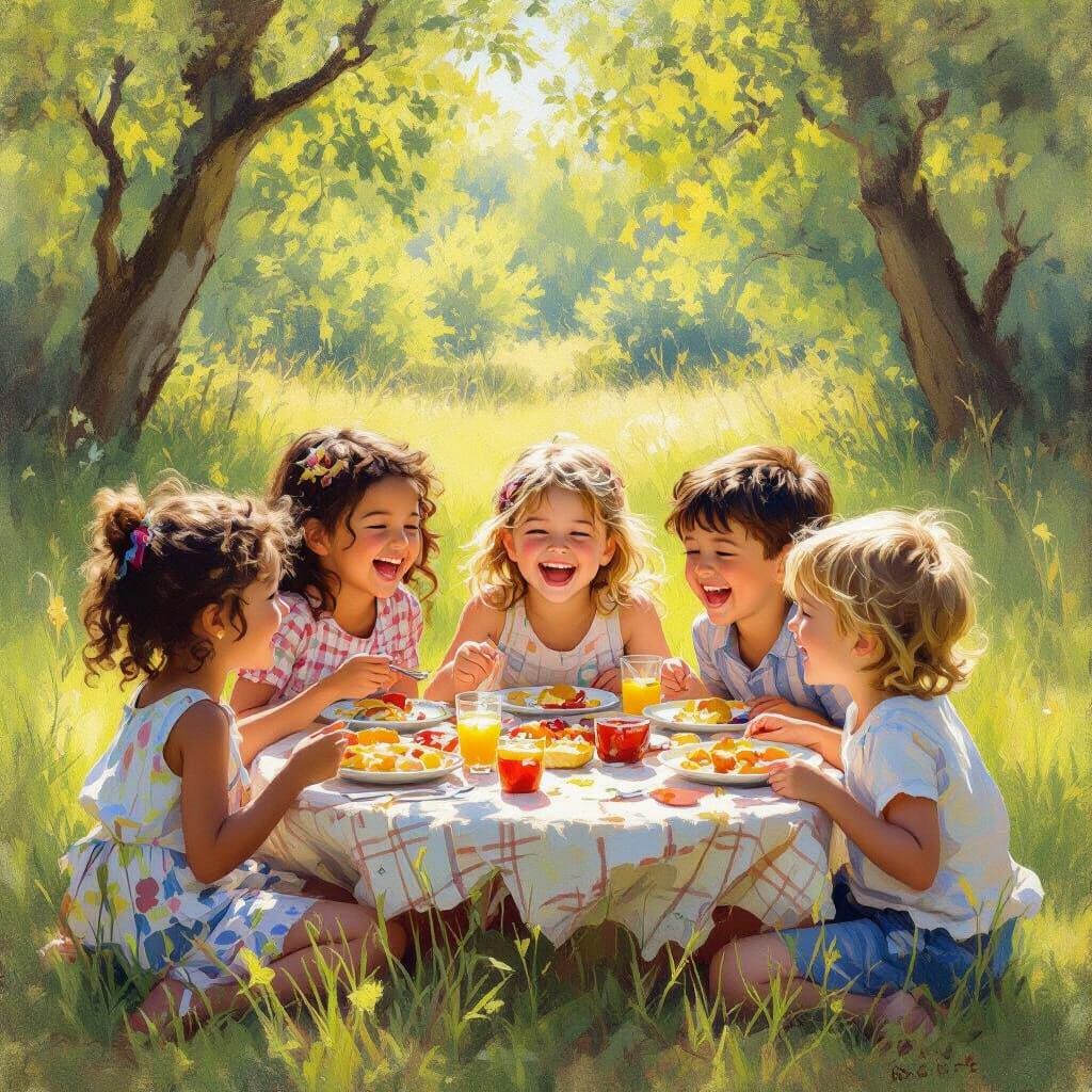 Joyful Children Sharing a Meal Outdoors in Impressionistic S...