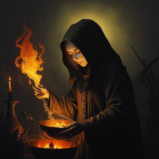 Witch Stirring Cauldron in Rothko-Inspired Surrealism