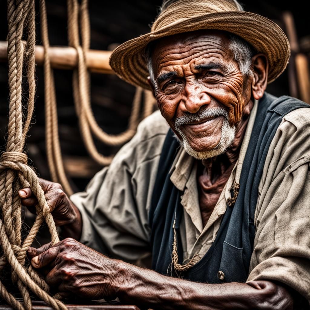 Hyperrealistic Portrait of a Smiling Old Rope Maker