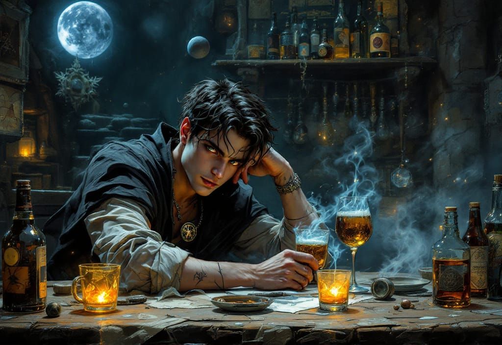 Young Mage in Tavern, Dark Fantasy Illustration