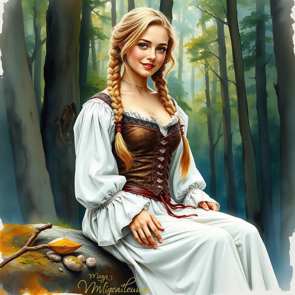 Medieval Woman in a Whimsical Watercolor Style