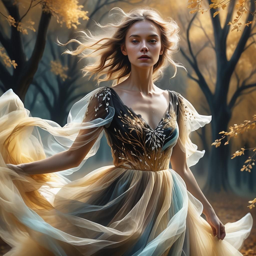 Majestic Woman in Tulle Dress Among Golden Trees