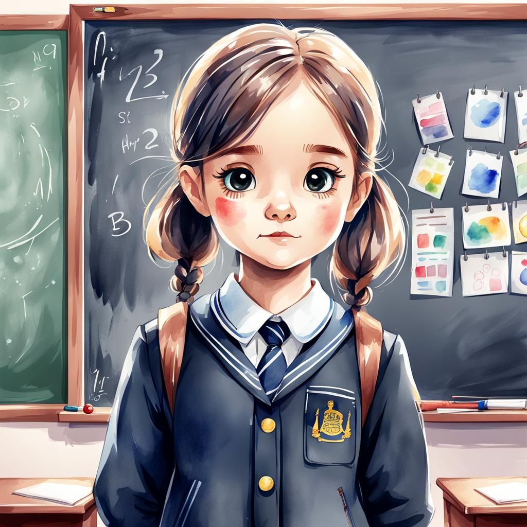 Cartoon Little Girl in Classroom as Watercolor Sketch