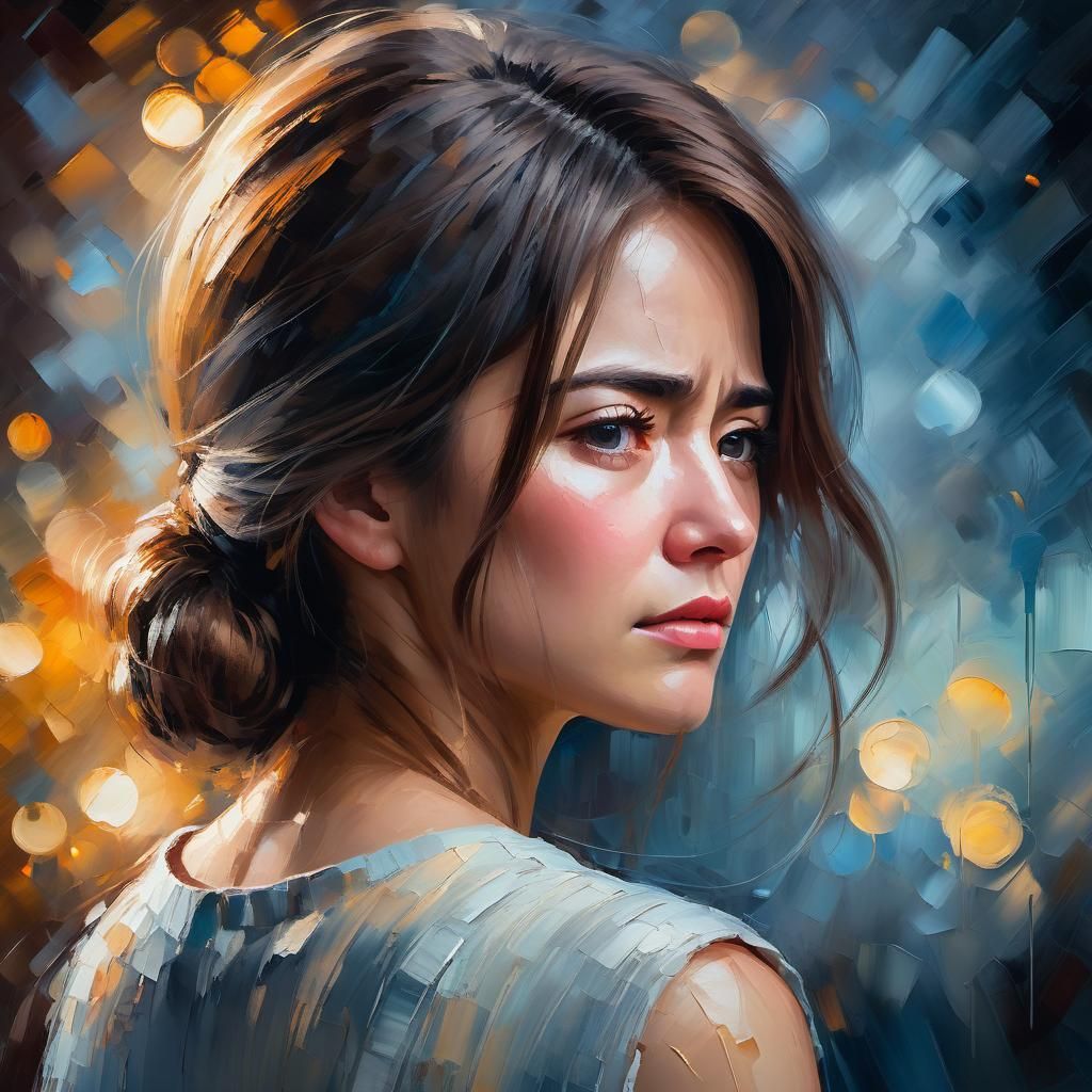 Sad Woman Over Shoulder in Impasto Illustration