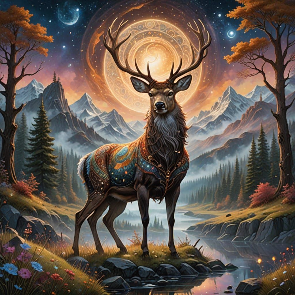 Mystical Hunter in a Starry Deer Realm