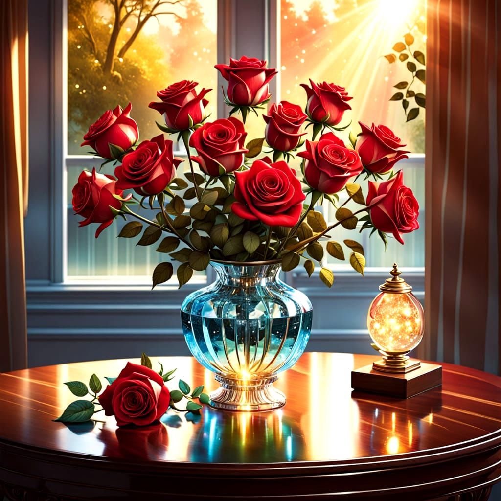 Glittering Red Roses in Crystal Vase at Sunset
