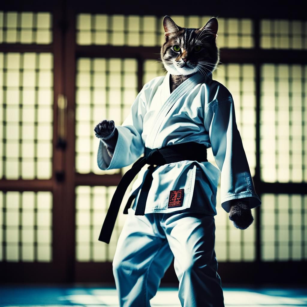 Dramatic Cat in Karate Stance Film Still