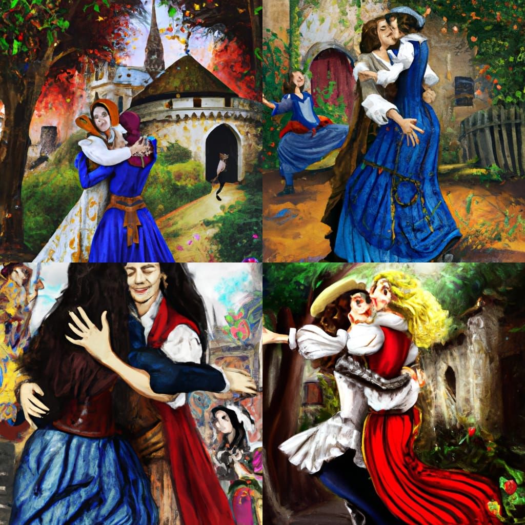 Medieval Romance: Two Women Embrace in Graffiti Art Style